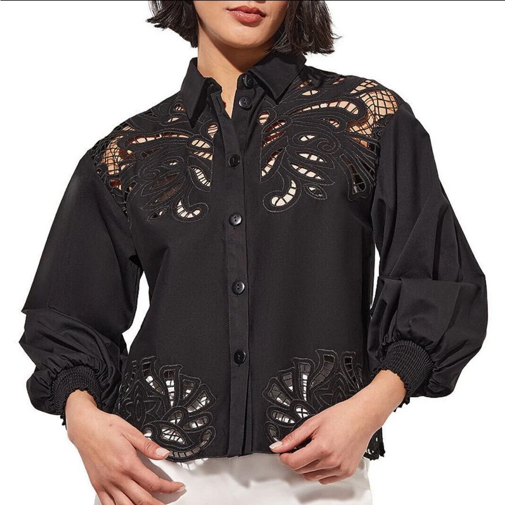Ming Wang Western Stretch Lace Cut-Out Point Collar Long Bishop Sleeve Blouse